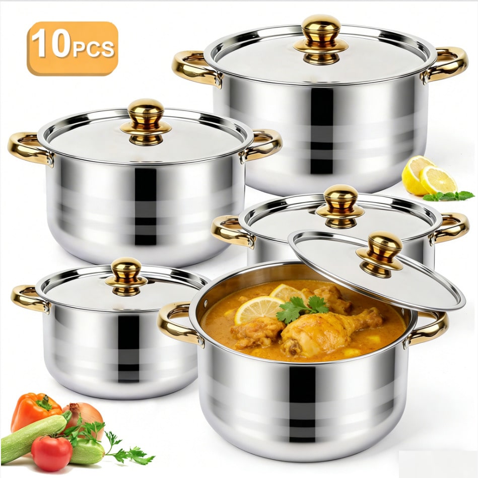 Home Cooking Cookbook - Edelstahl-Topfset, modernes Luxus-Kochgeschirr, Silberner Körper, Goldene